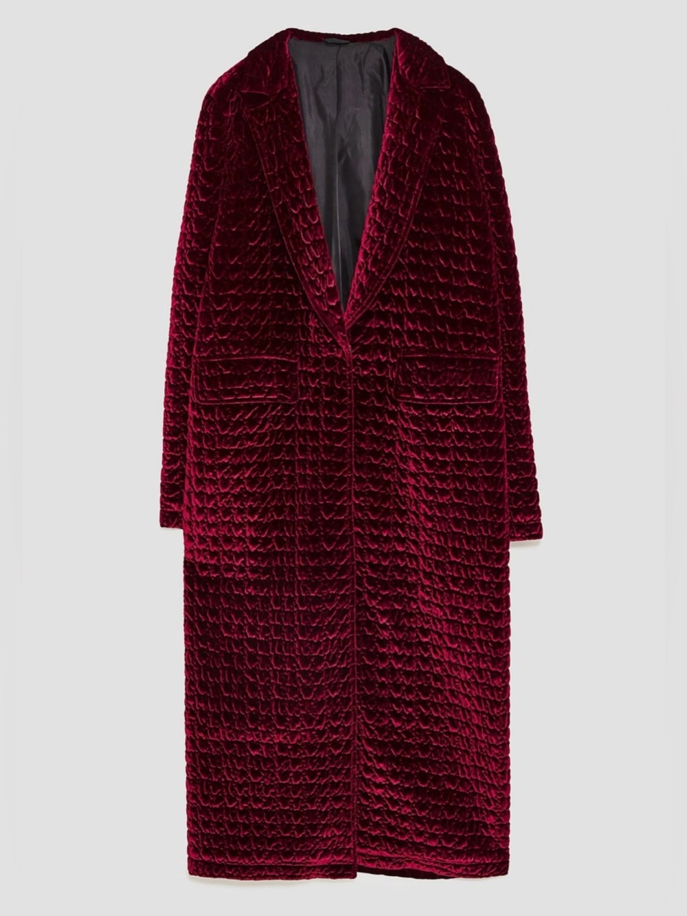 Zara Burgundy Velvet Quilted Long Coat Size Medium